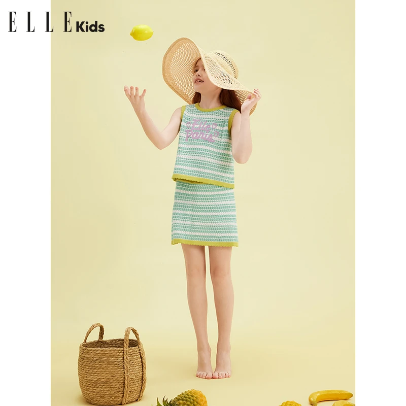 ELLE KIDS钩花针织背心安全里裤半裙女儿童夏季清凉条纹套装A2