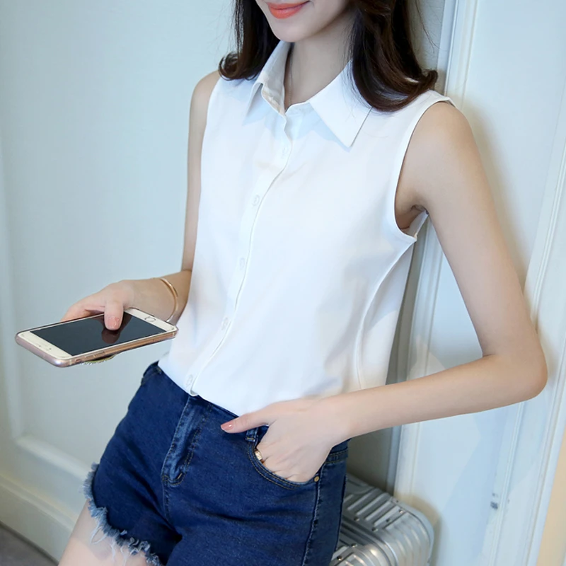 夏季新款韩版小衫女大码无袖衬衫宽松百搭打底职业装白衬衣套头衫