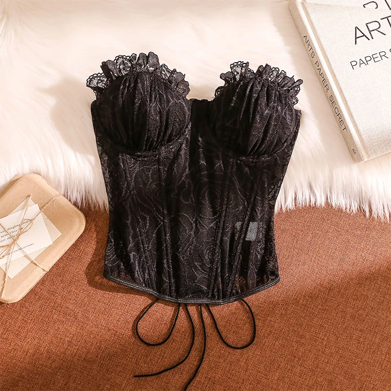 纯欲风蕾丝镂空鱼骨抹胸背心女内搭收腰塑身一字肩无袖打底上衣