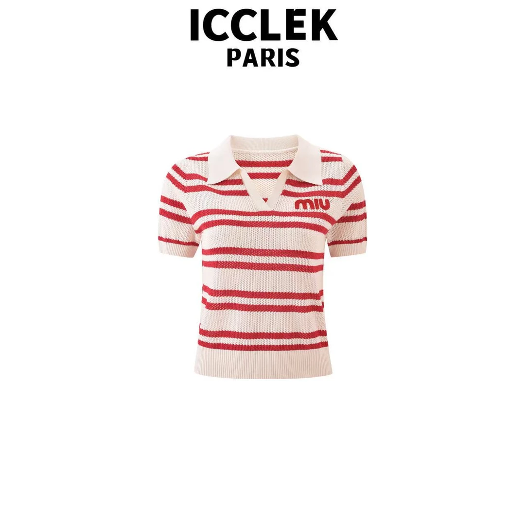 ICCLEK 红色V领条纹字母刺绣针织短袖休闲百搭气质宽松上衣-5824