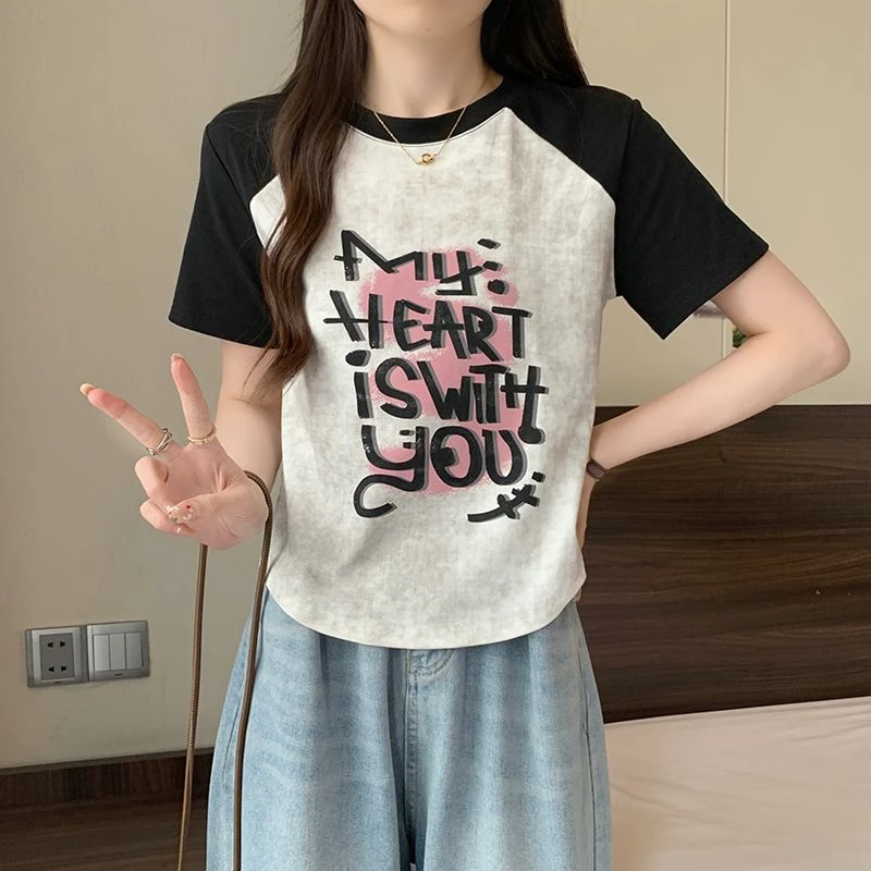 2025爆款好看百搭插肩袖夏季显瘦短袖圆领T恤气质设计感8016宽松