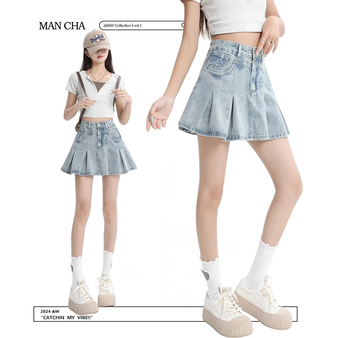美式热辣a字牛仔短裙女春季2025新款高腰半身裙遮肉包臀百褶裙子
