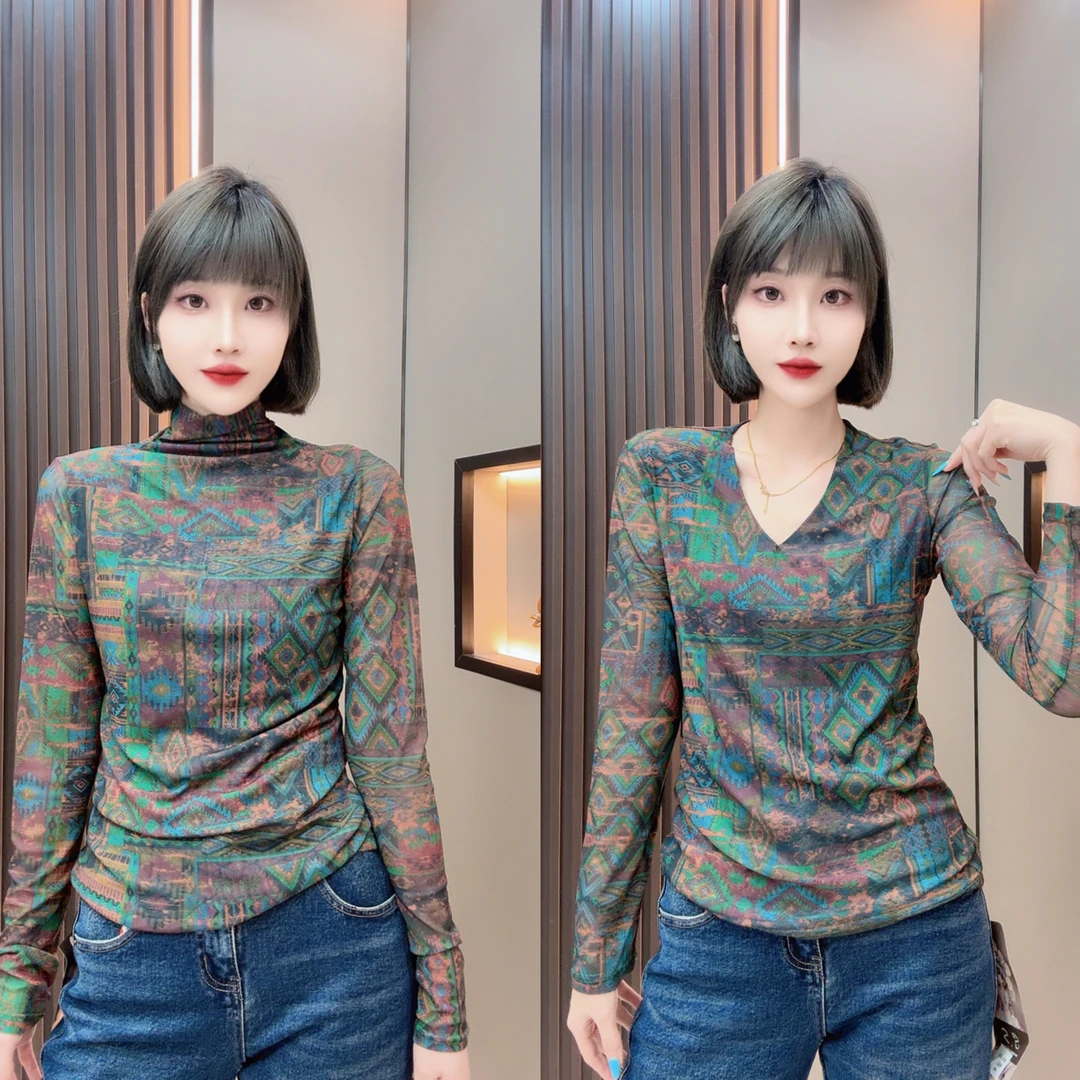 敏宝儿➕极简风套头款套头长袖绿花打底衫女装复古时尚洋气