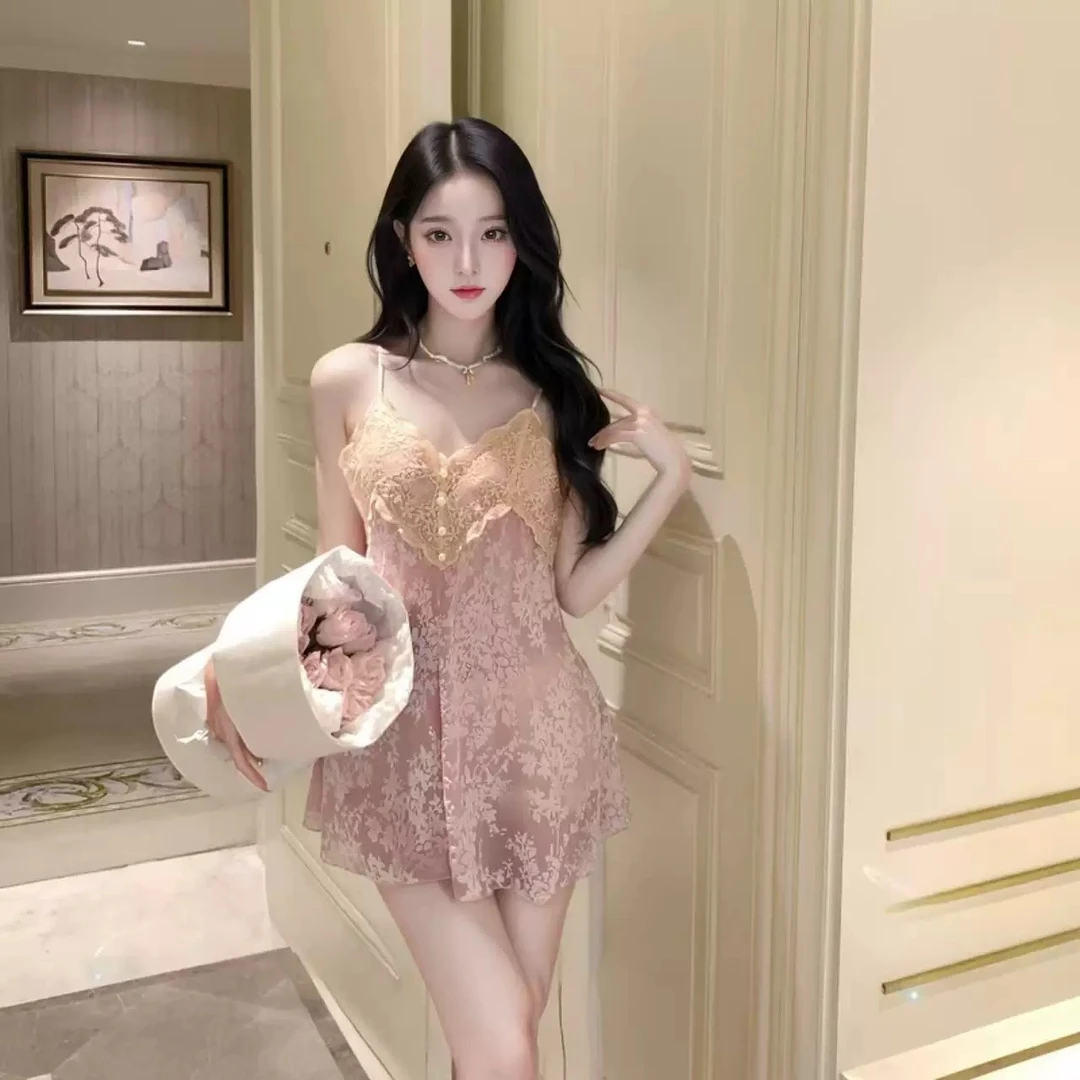 性感睡裙女新款夏季纯欲风薄款吊带蕾丝带胸垫家居服睡衣Q152