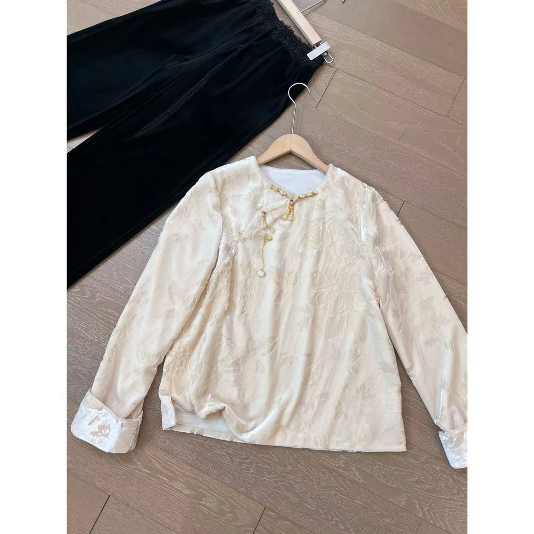 玖了个玖 2025早春 新中式国风流苏盘扣提花衬衫 2412B6230