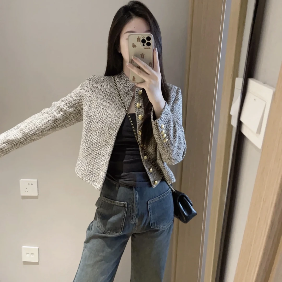 99新 Celine/思琳 小香风立领金扣外套 36码02662