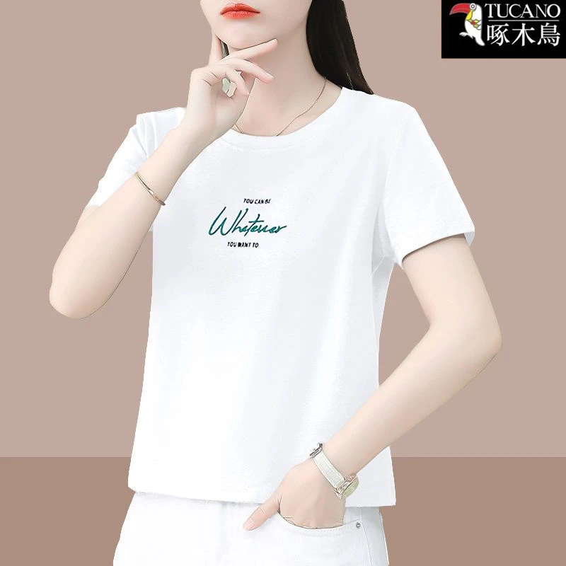 啄木鸟圆领字母印花短袖t恤2025年新款夏季洋气中年女士减龄上衣