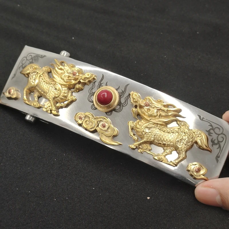 纯黄铜双麒麟皮带扣男无牙无孔腰带扣头长16x4.6内径4.0尺寸可定