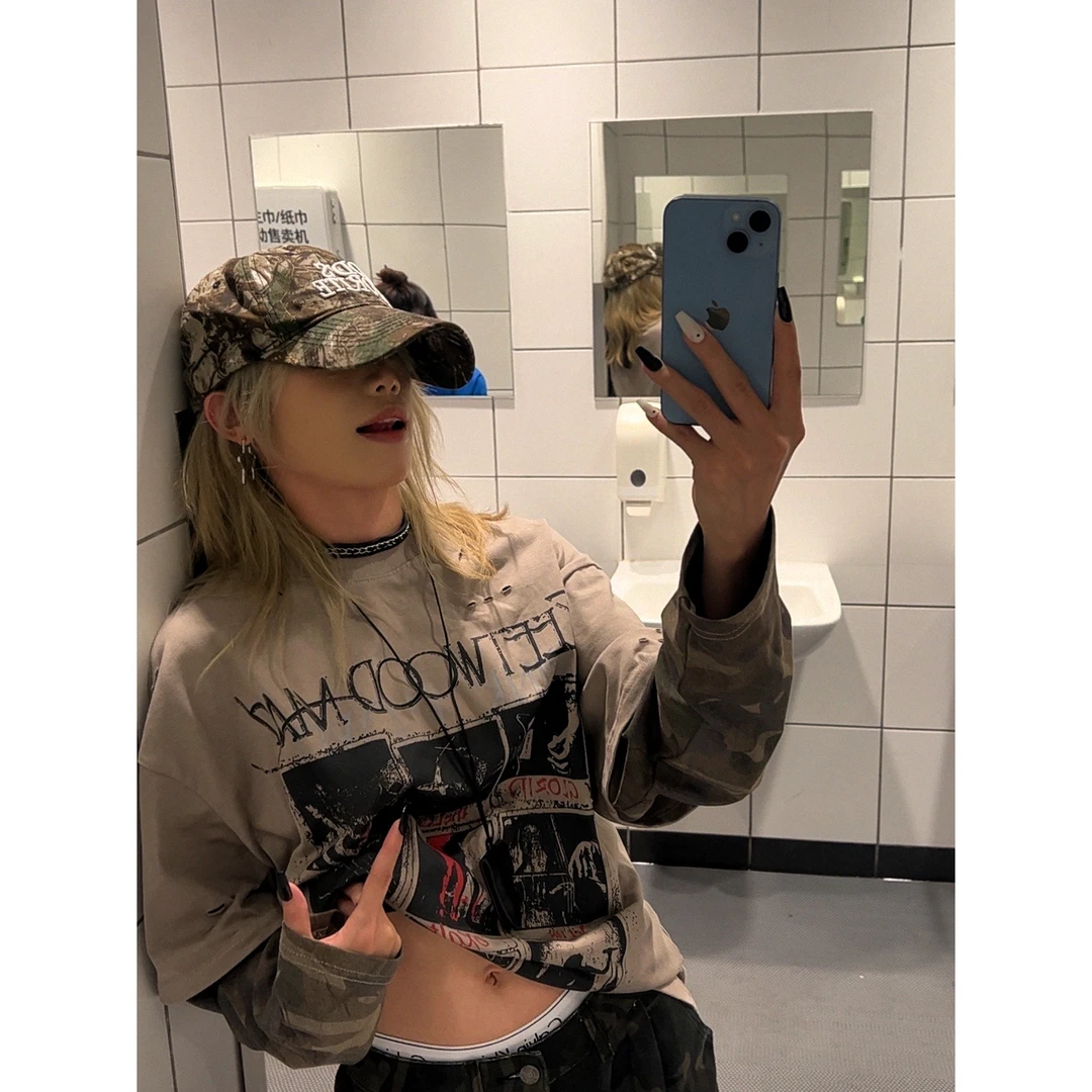 迷彩拼接假两件长袖T恤女秋季新款宽松显瘦百搭痞帅破坏设计上衣