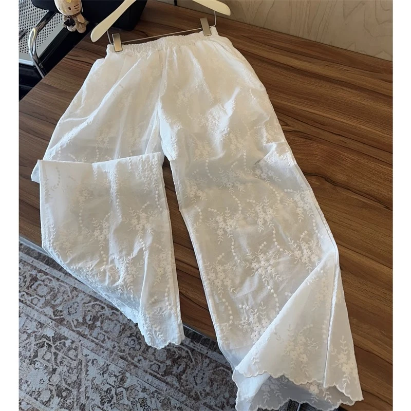 夏季新款白色刺绣提花阔腿裤女梨型身材高腰显瘦宽松直筒休闲裤