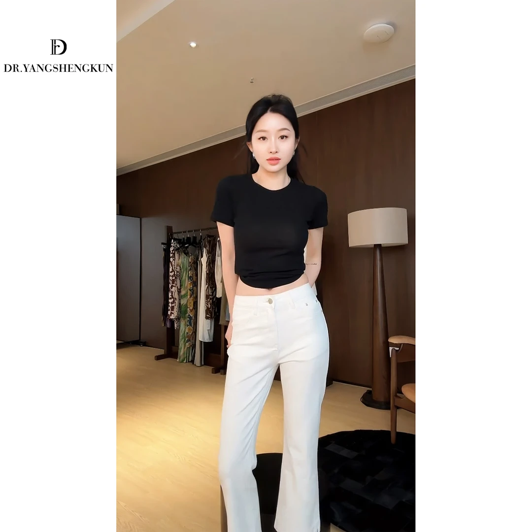 杨圣坤2025夏季新品女士白色高腰显瘦百搭气质喇叭牛仔裤L2552228