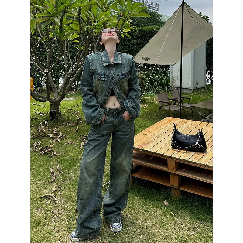 美式复古蓝牛仔套装女2025秋季显瘦穿搭渐变水洗外套阔腿裤两件套
