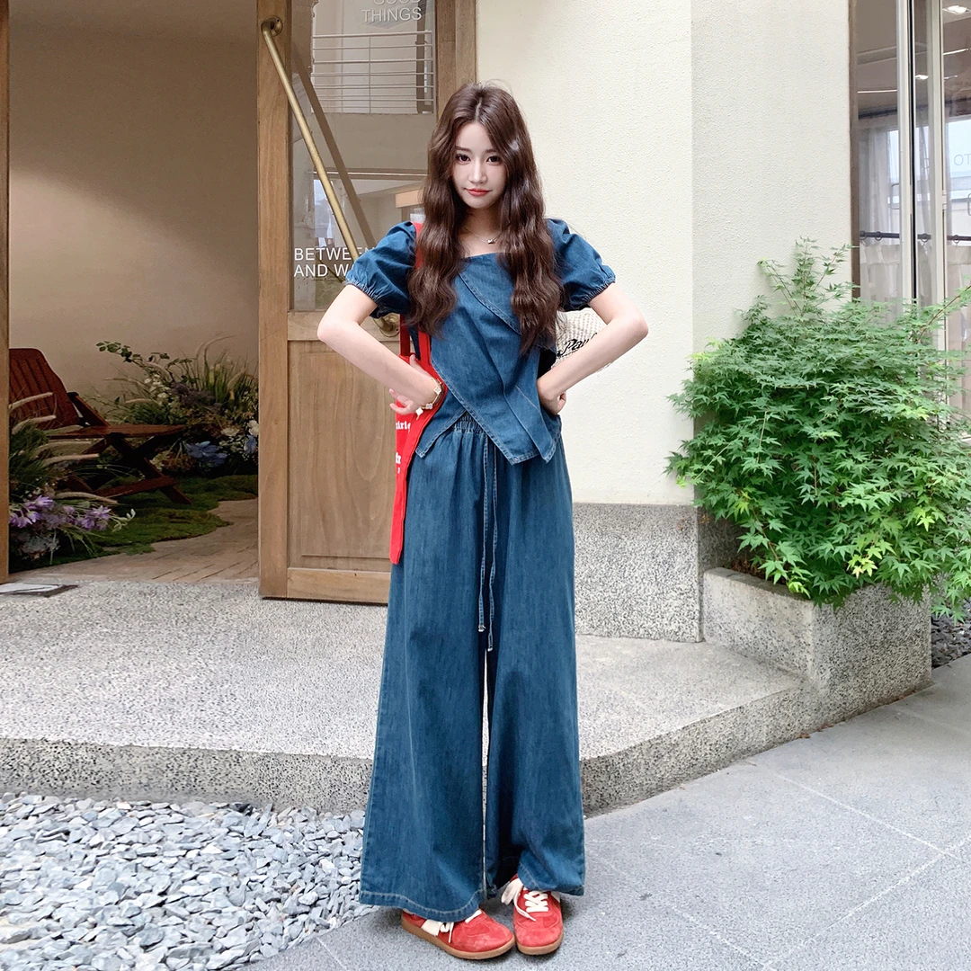 韩系休闲气质牛仔套装女夏季2025新款小心机短袖衬衫阔腿裤两件套