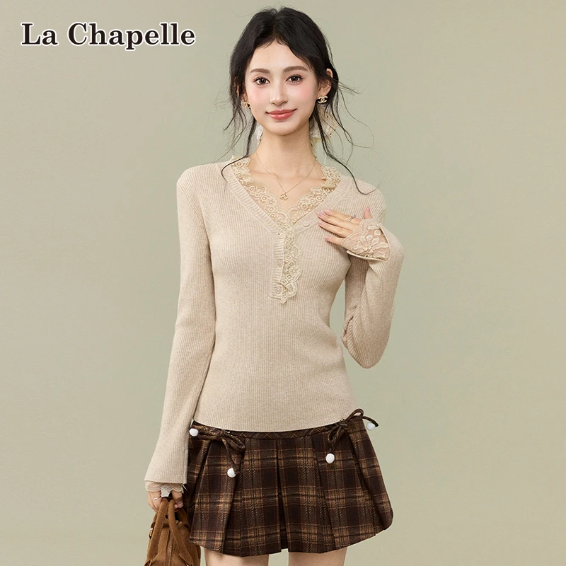 拉夏贝尔法式温柔风蕾丝V领针织衫女2026早春款修身叠穿长袖上衣