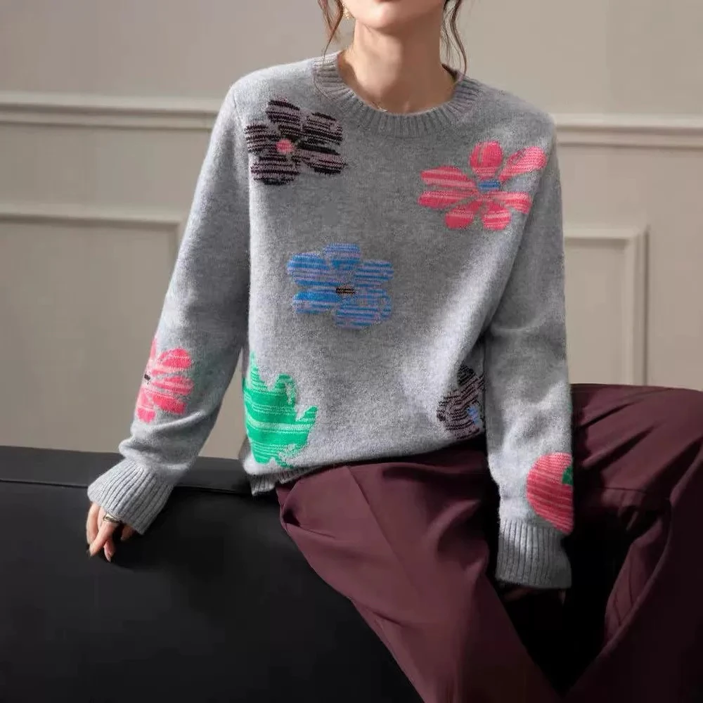 秋冬可爱俏皮减龄圆朵针织提花宽松毛衣女9174