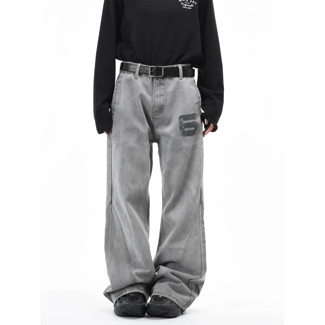 美式cleanfit解构水洗字母设计潮流牛仔裤男女款长裤休闲百搭裤子