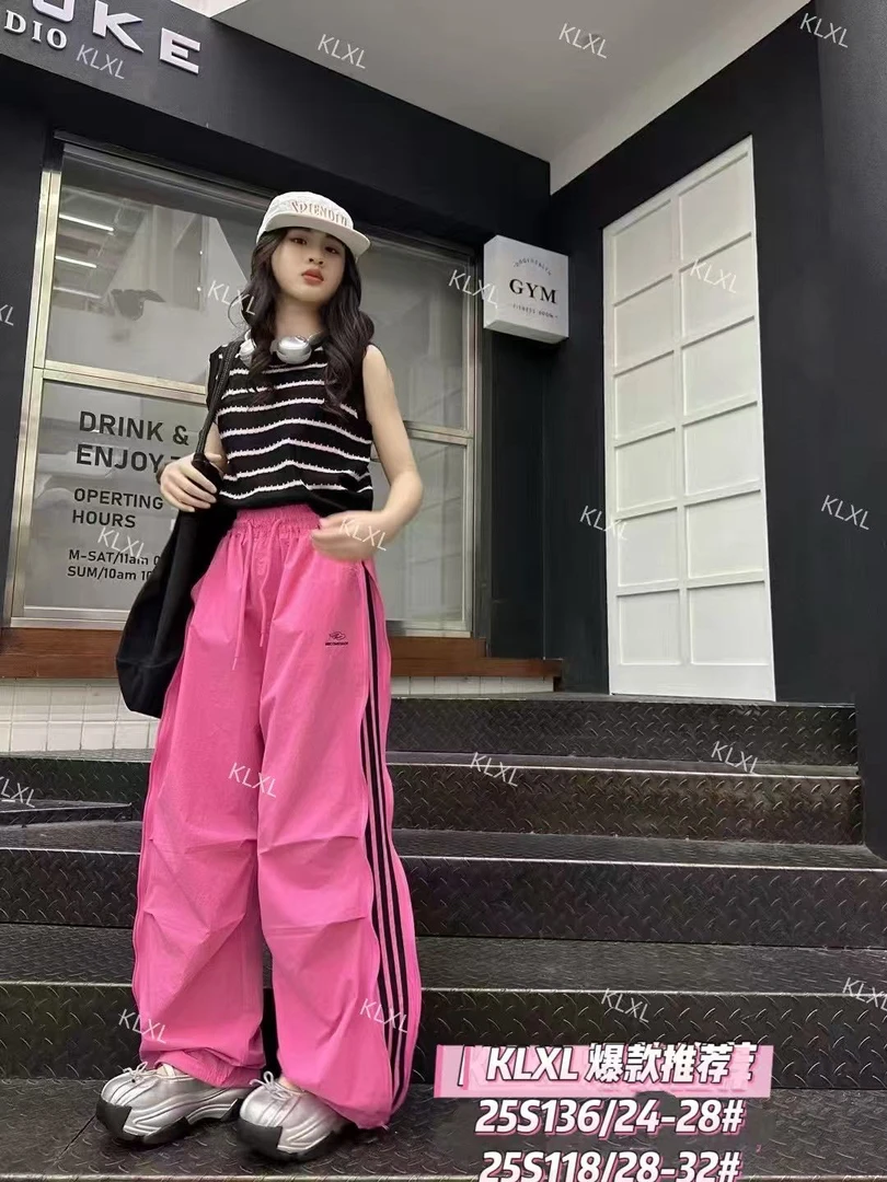 140-180码段夏季薄款锦棉长裤中大童直筒束脚裤宽松条纹