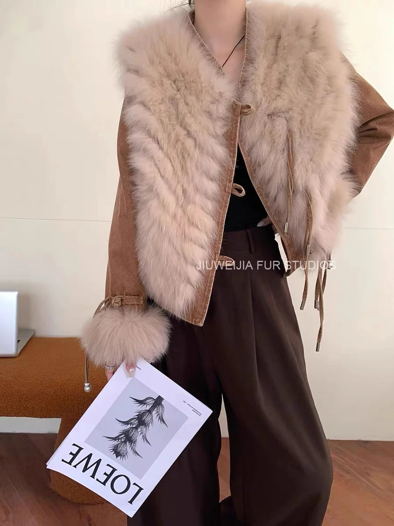 【与莹】狐狸毛领拼牛仔短款毛毛外套