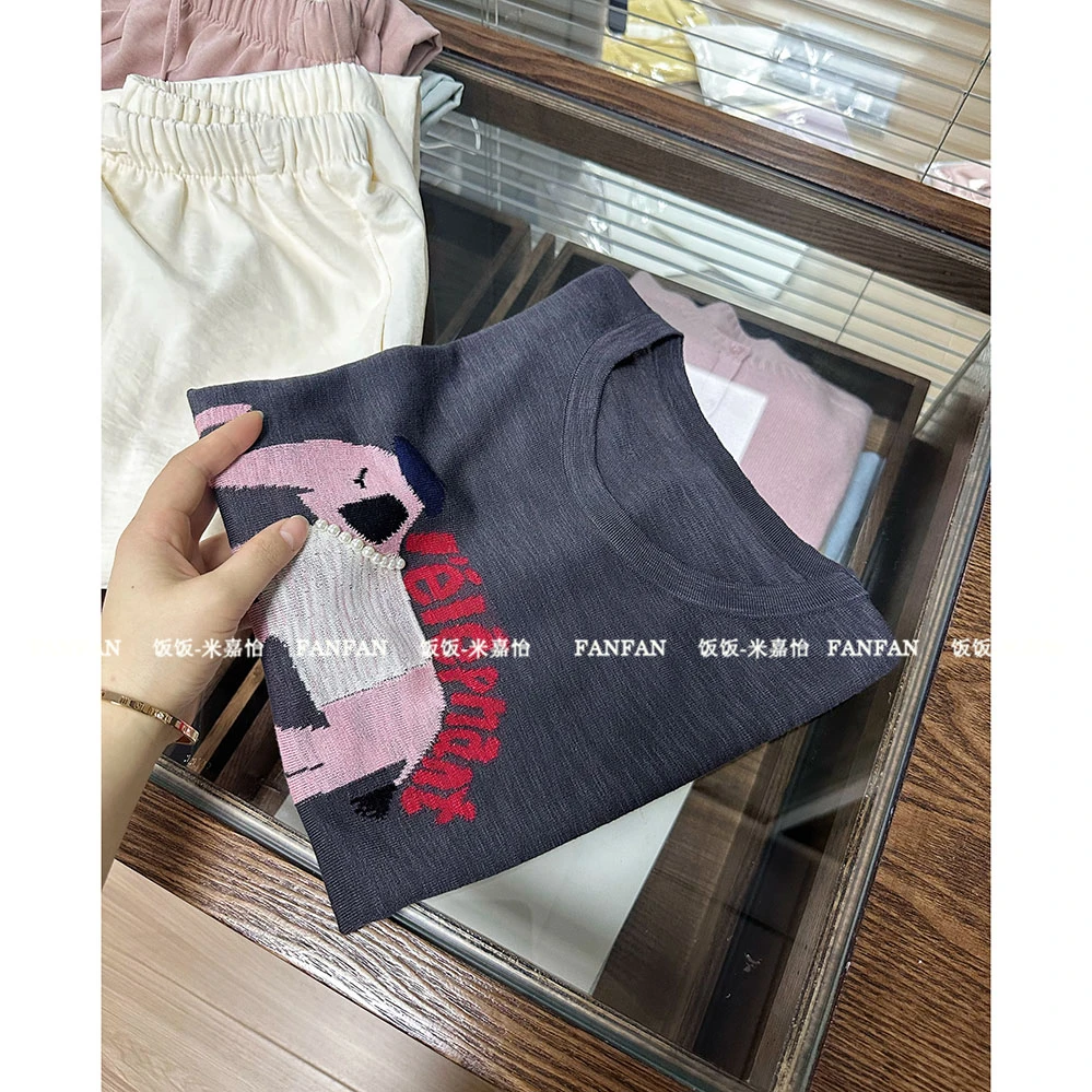 【珍珠小象】竹节提花小飞袖宽松慵懒深灰针织衫女短袖T恤