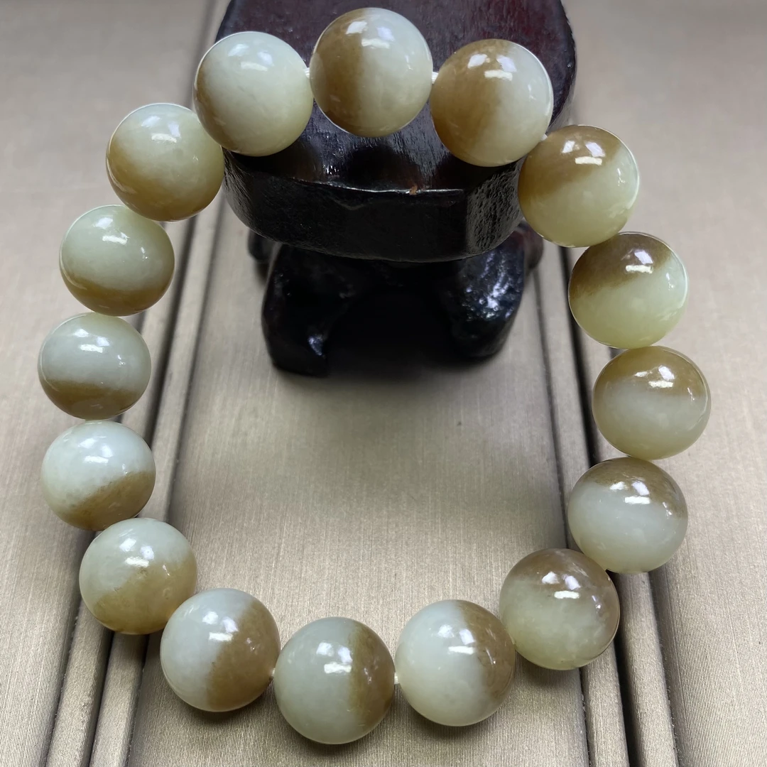 天然和田玉手串12mm新疆且末糖聚宝盆圆珠手串一物一证细料