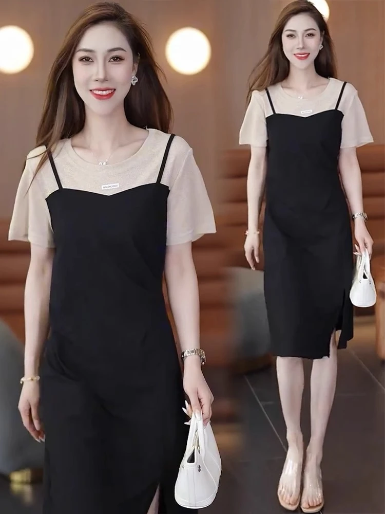 时尚连衣裙女2025夏季新款洋气显瘦百搭假两件拼接开叉气质小黑裙