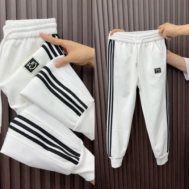 9907欧韩女士春秋新款高腰时尚百搭双侧拼条休闲卫裤宽松潮流洋气