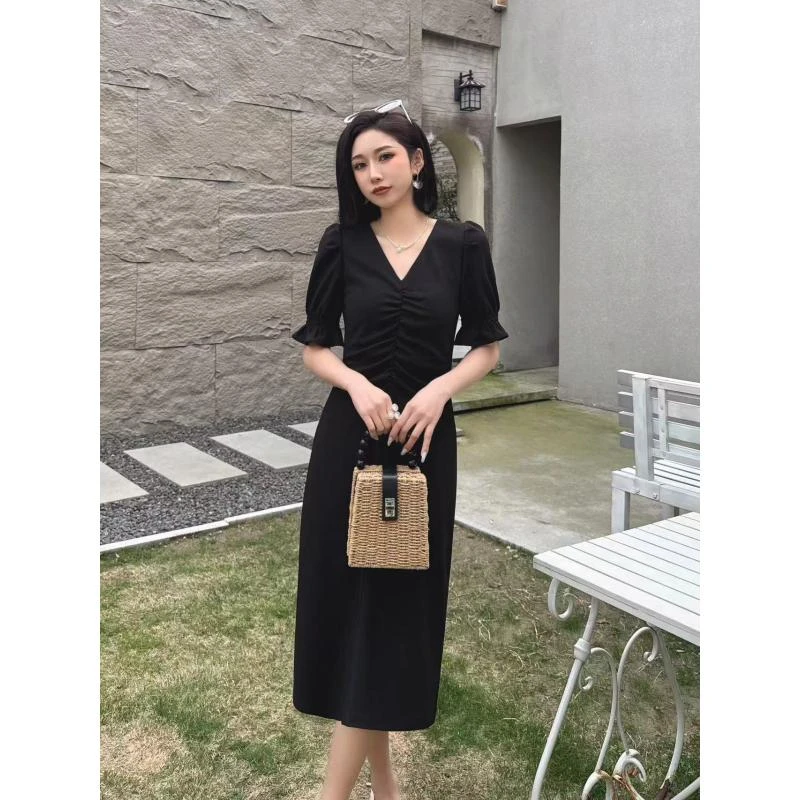 美美推荐6611新款黑色V领褶皱长裙开叉连衣裙