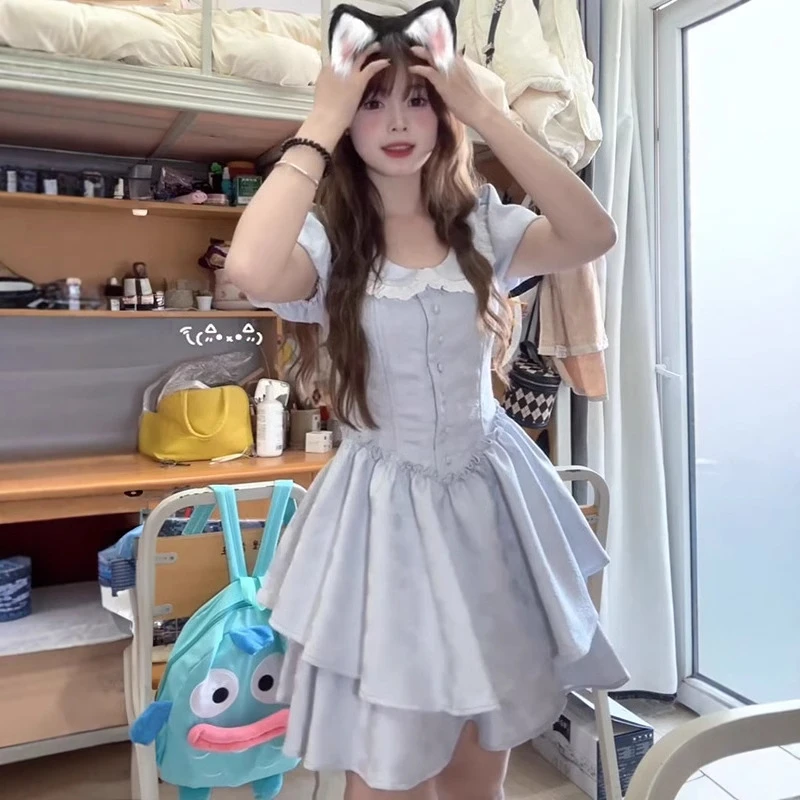 法式甜美学院泡泡小个子连衣裙夏季学生收腰显瘦娃娃蓬蓬公主短裙