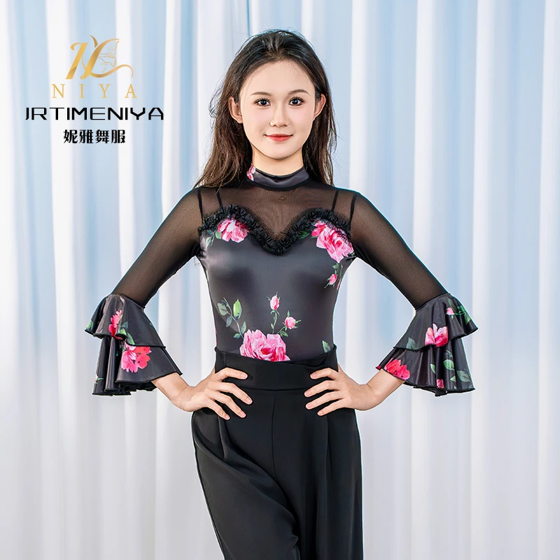 摩登舞新款成人连体衣荷叶袖练功服女士交谊舞国标舞服广场舞服