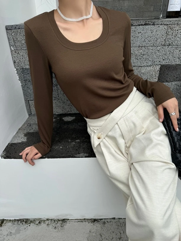 丝螺纹棉时尚设计u领长袖T恤显瘦女上衣打底衫 8036