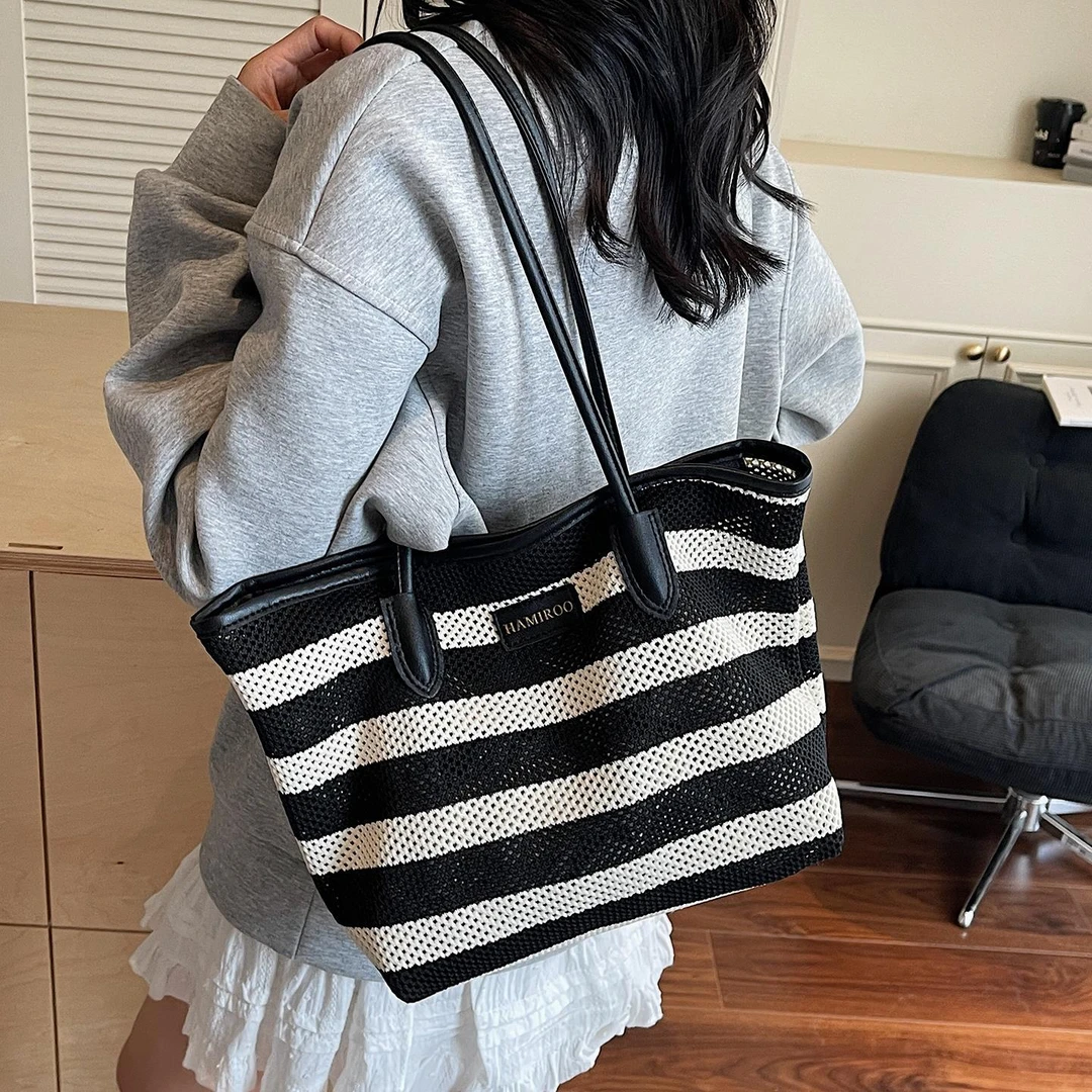 条纹针织编织包女大容量2025新款夏季百搭单肩包大学生上课托特包