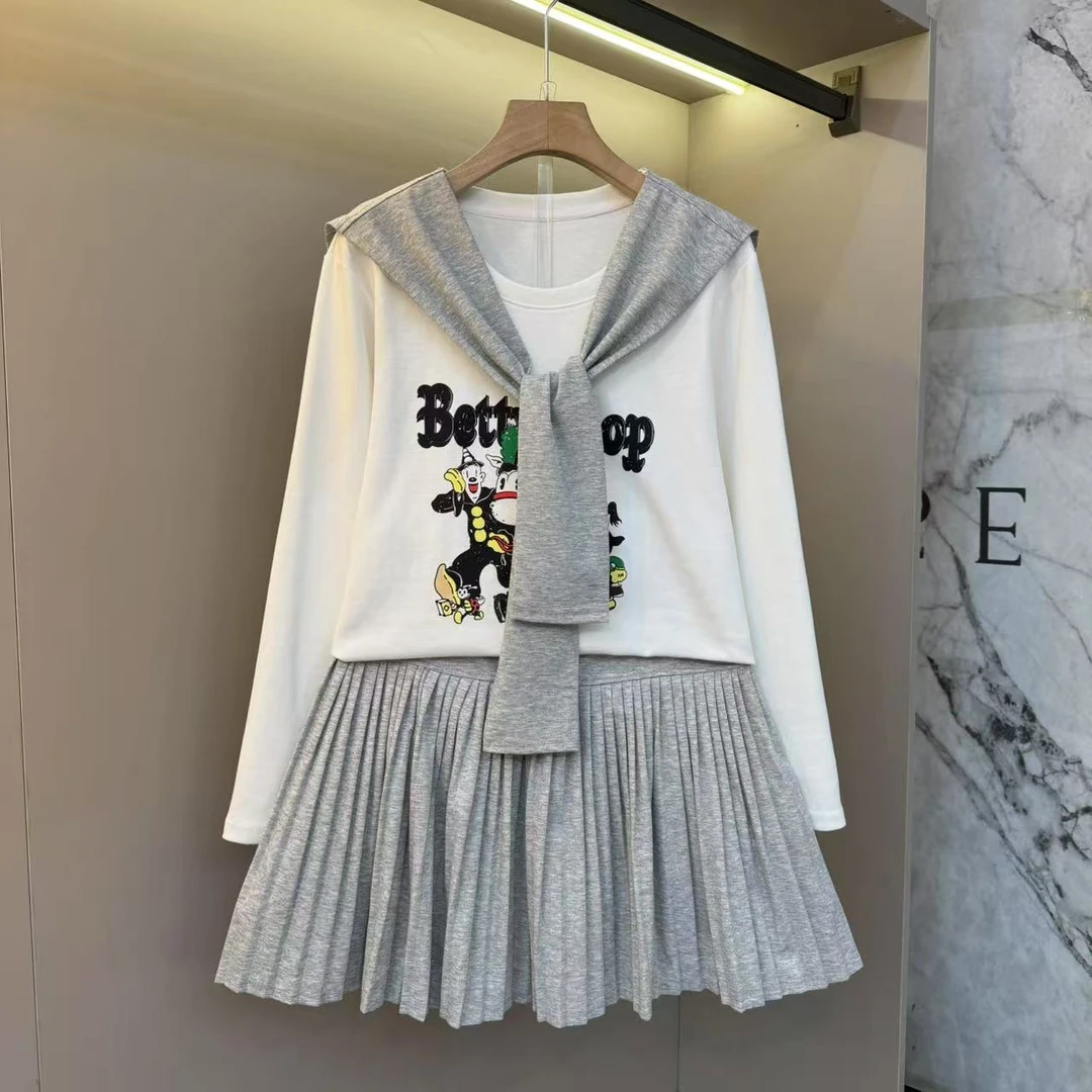 新款早秋小众穿搭长袖打底+披肩+半身短裙好看三件套套装85059