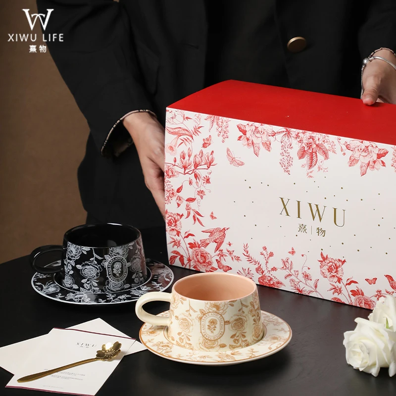 熹物【藤本月季】咖啡杯杯碟陶瓷轻奢高档礼盒套装结婚咖啡杯碟套装