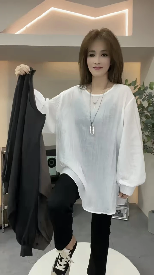 欧货2025春夏季新款胖MM宽松衬衣长袖女打底衫褶皱圆领上衣