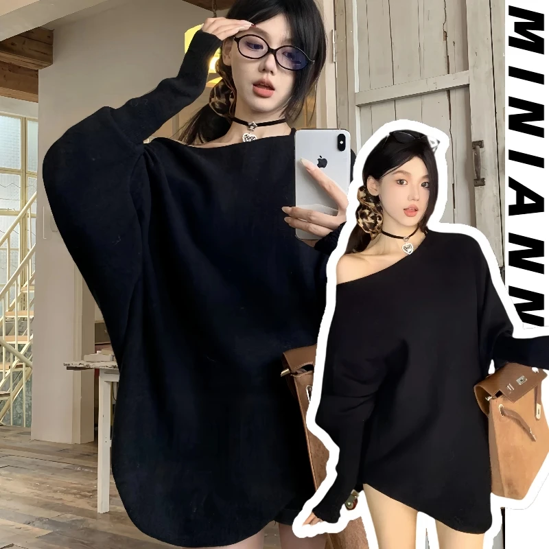 300斤大码女装甜美风蝙蝠袖斜领毛衣女2025新款早秋百搭显瘦上衣