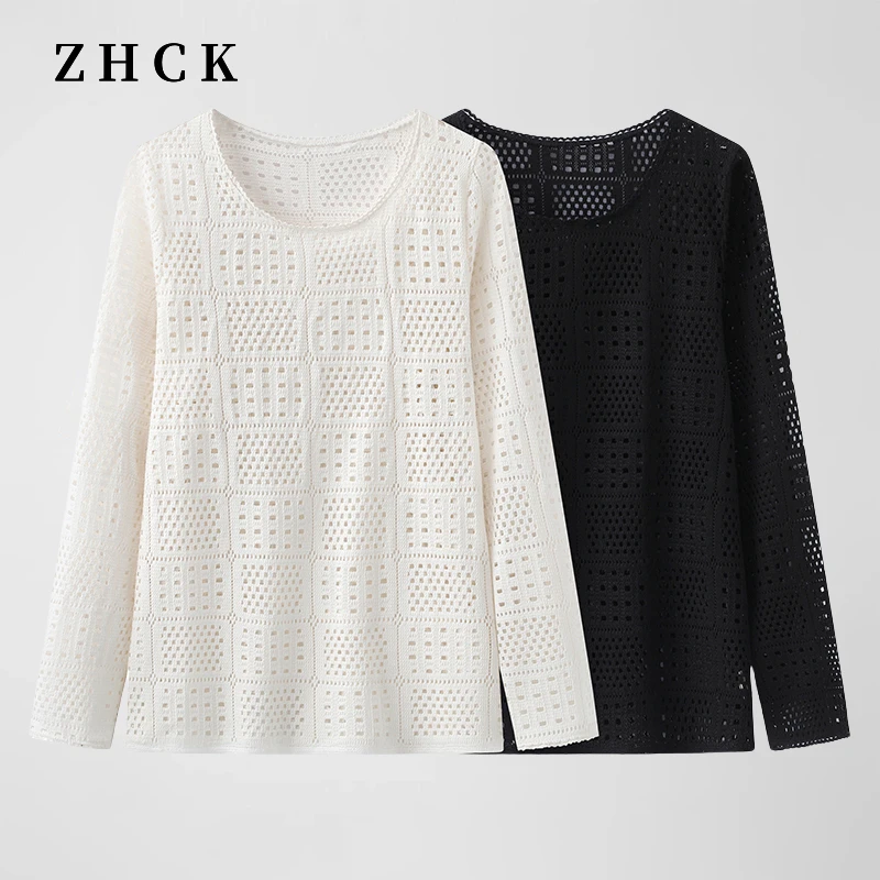 ZHCK时尚圆领镂空钩花打底2025新款气质纯色套头百搭长袖上衣女