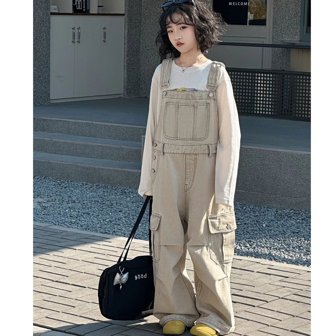 2025春秋新款童中大童亲子韩版洋气宽松阔腿工装牛仔背带裤DLL202