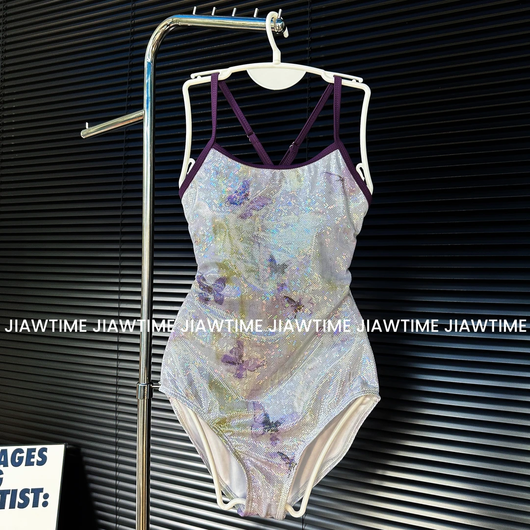 JIAWTIME【镭闪紫蝶】2026新款烫金亮闪低叉双层女士竞速连体游泳衣