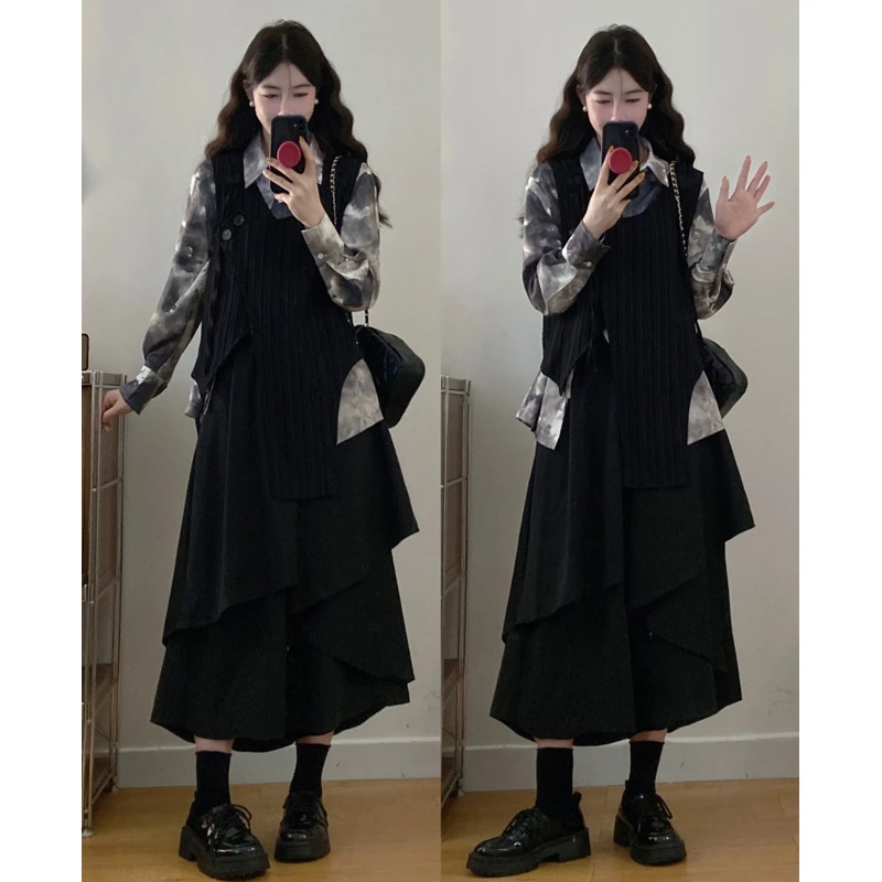 大码胖mm秋冬新款套装裙女独特绝美减龄设计感马甲半裙三件套女