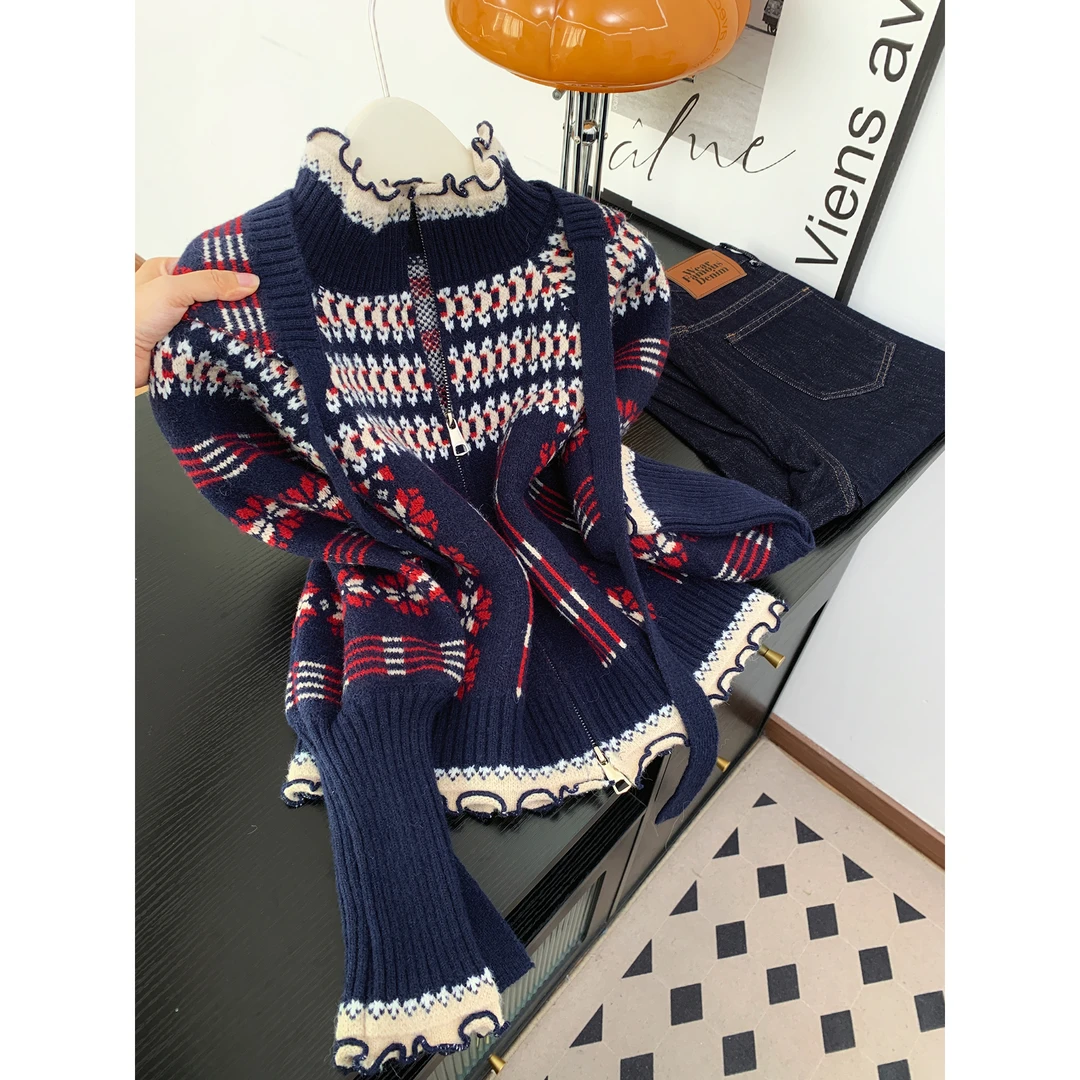 小众设计感费尔岛提花毛衣外套女秋冬复古撞色木耳边针织开衫上衣