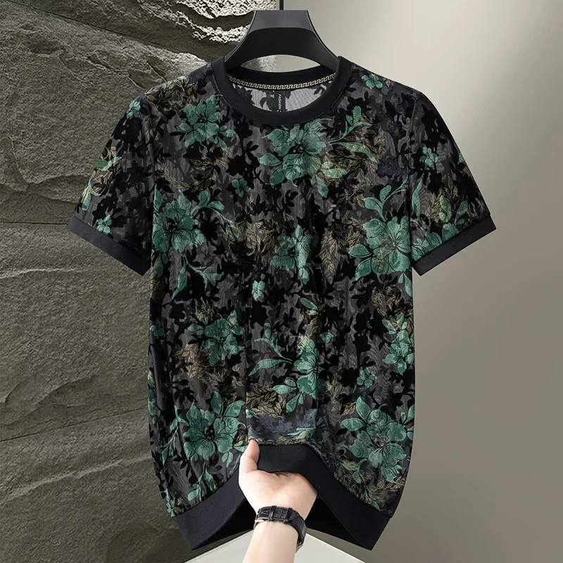 2025夏季新款时尚男士锦纶冰丝修身潮流植绒烧花圆领T恤
