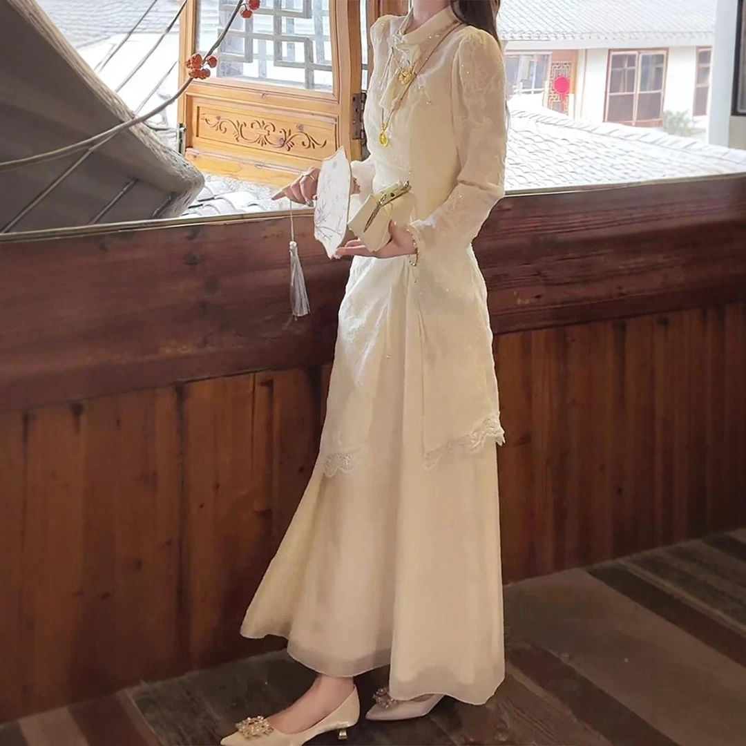 新中式国风旗袍套装女大码胖mm披肩上衣吊带连衣裙禅意温柔两件套