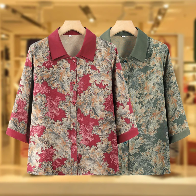 奶奶装夏季衬衫中老年人夏装女衬衣妈妈新款翻领老太太夏天上衣服