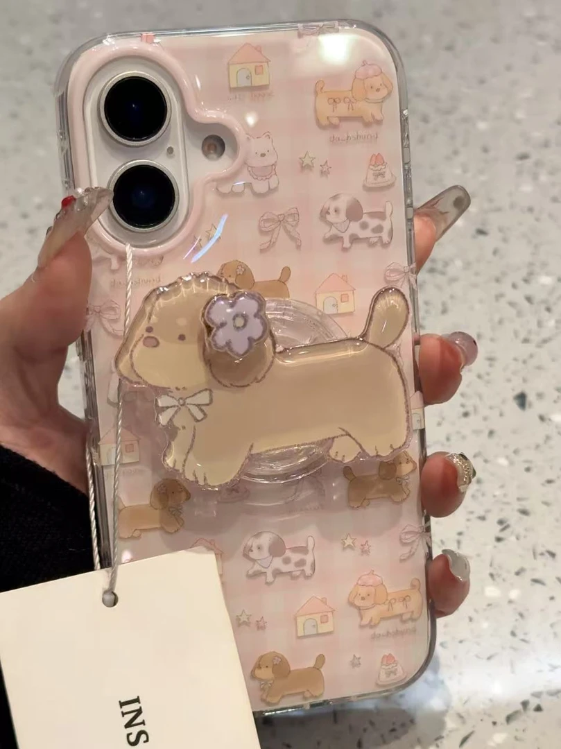 趣味摇摇乐花朵小狗支架适用苹果16promax手机壳iphone15新款1413