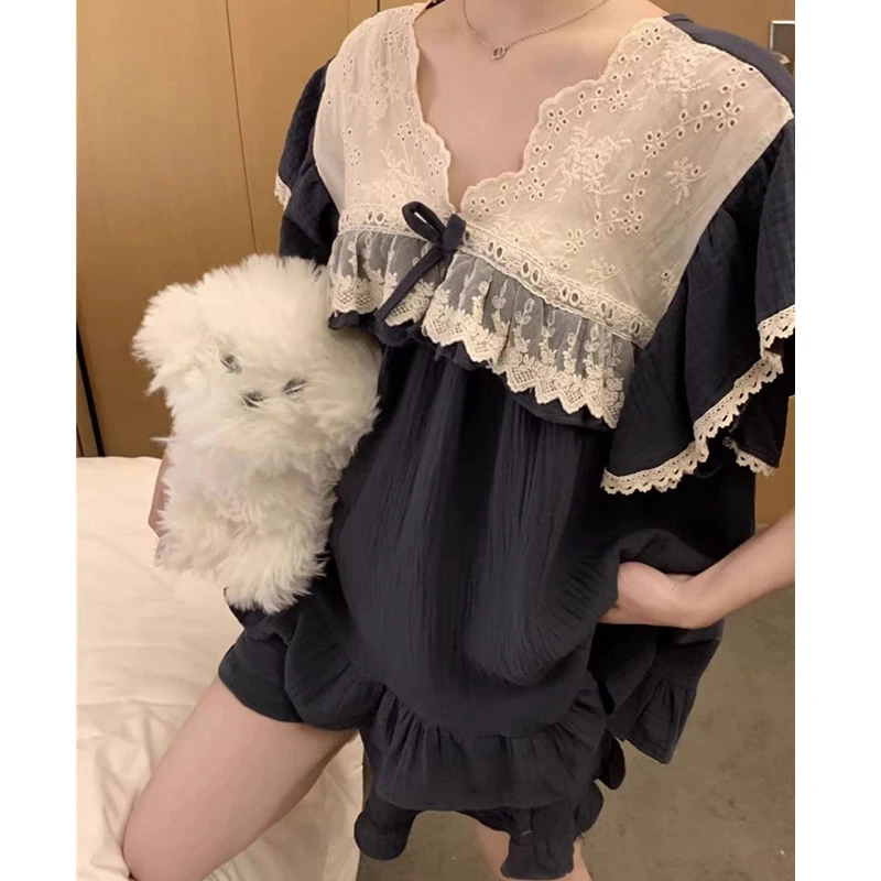 甜美宫廷风2025新款睡衣女夏季蕾丝荷叶边短袖短裤家居服套装