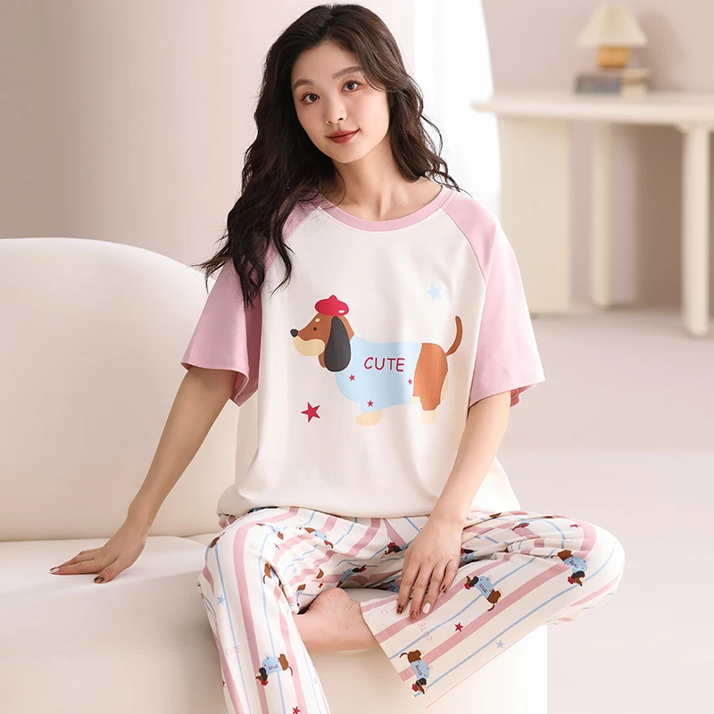 2025年夏季女睡衣100%全棉短袖长裤夏天少女卡通可外穿家居服套装