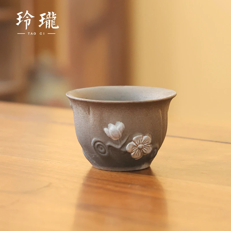 德化云仓 复古老陶泥粗陶描银梅花主人杯茶杯品茗杯-3616