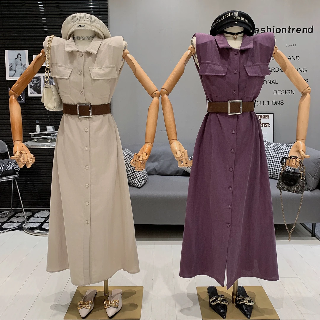 【叁月】法式小个子气质简约通勤翻领排扣系带收腰显瘦百搭连衣裙