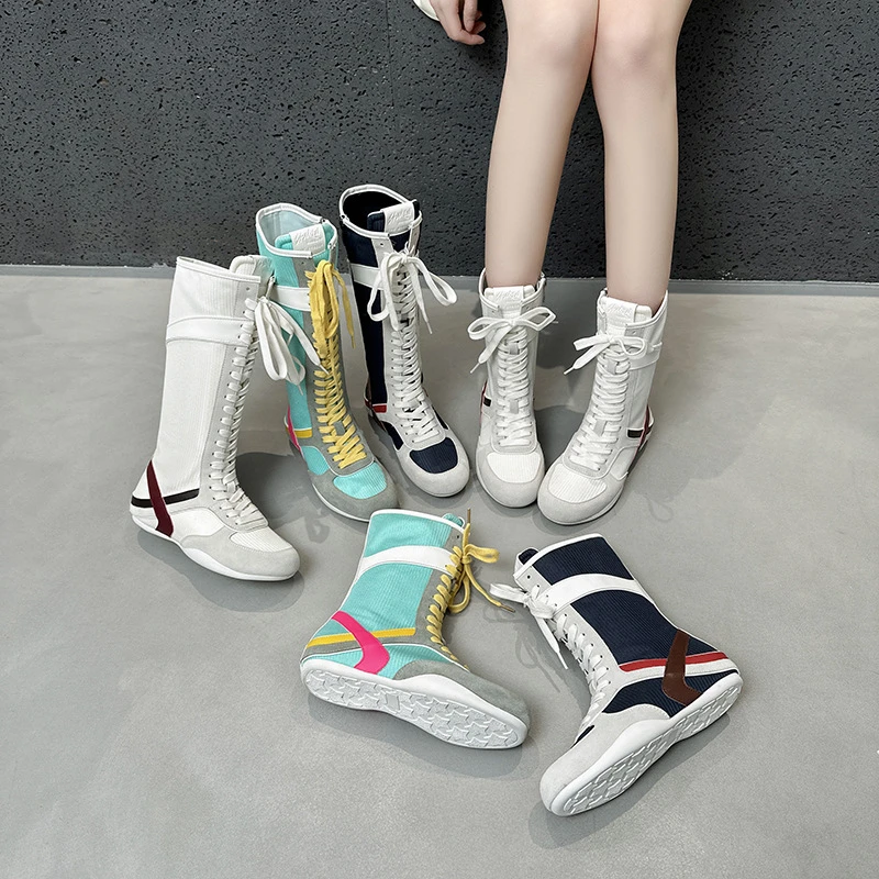 2025春夏新款真皮高帮侧拉链软底休闲短靴时尚拼色绑带平底长靴女