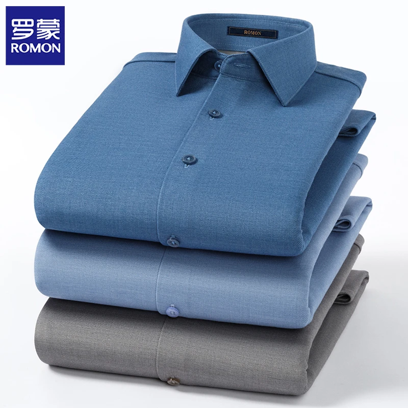 罗蒙含羊毛保暖长袖衬衫男士冬季加绒加厚商务正装职业上班白衬衣